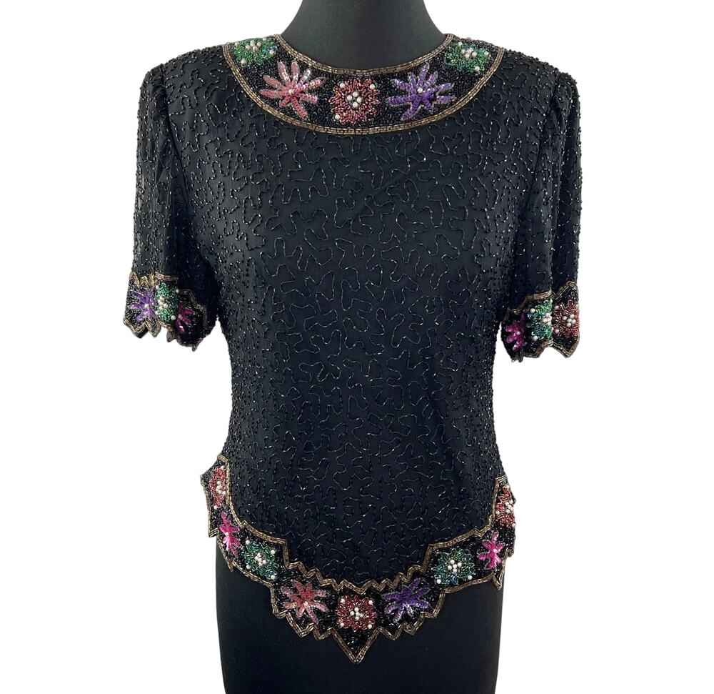 VINTAGE Laurence Kazar Black Blouse Top Beaded Crew Neck Short Sleeve L Large
